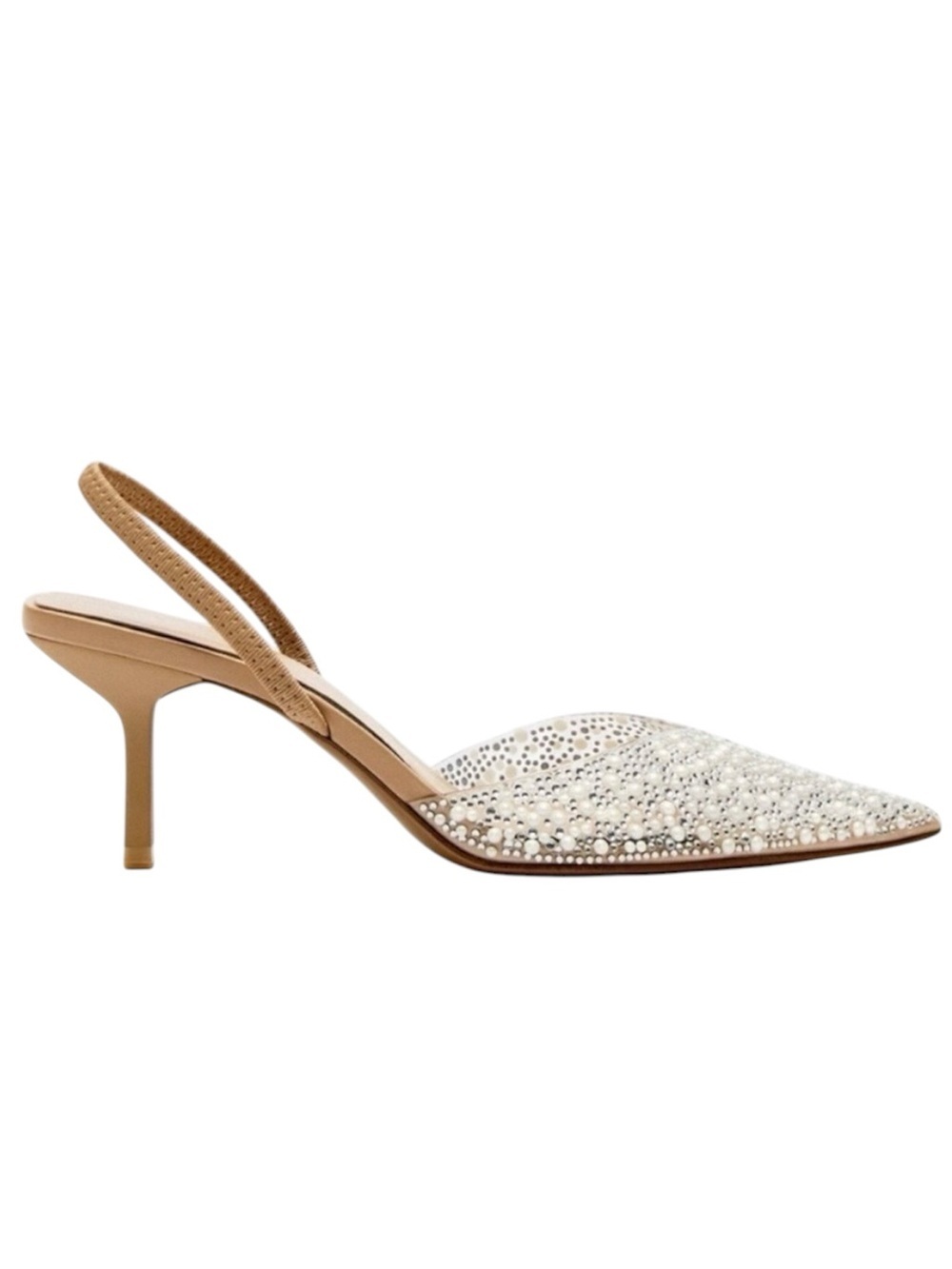 Zara Women's Pearl Rhinestone Embellished Pointed Toe Tan Slingback Heels